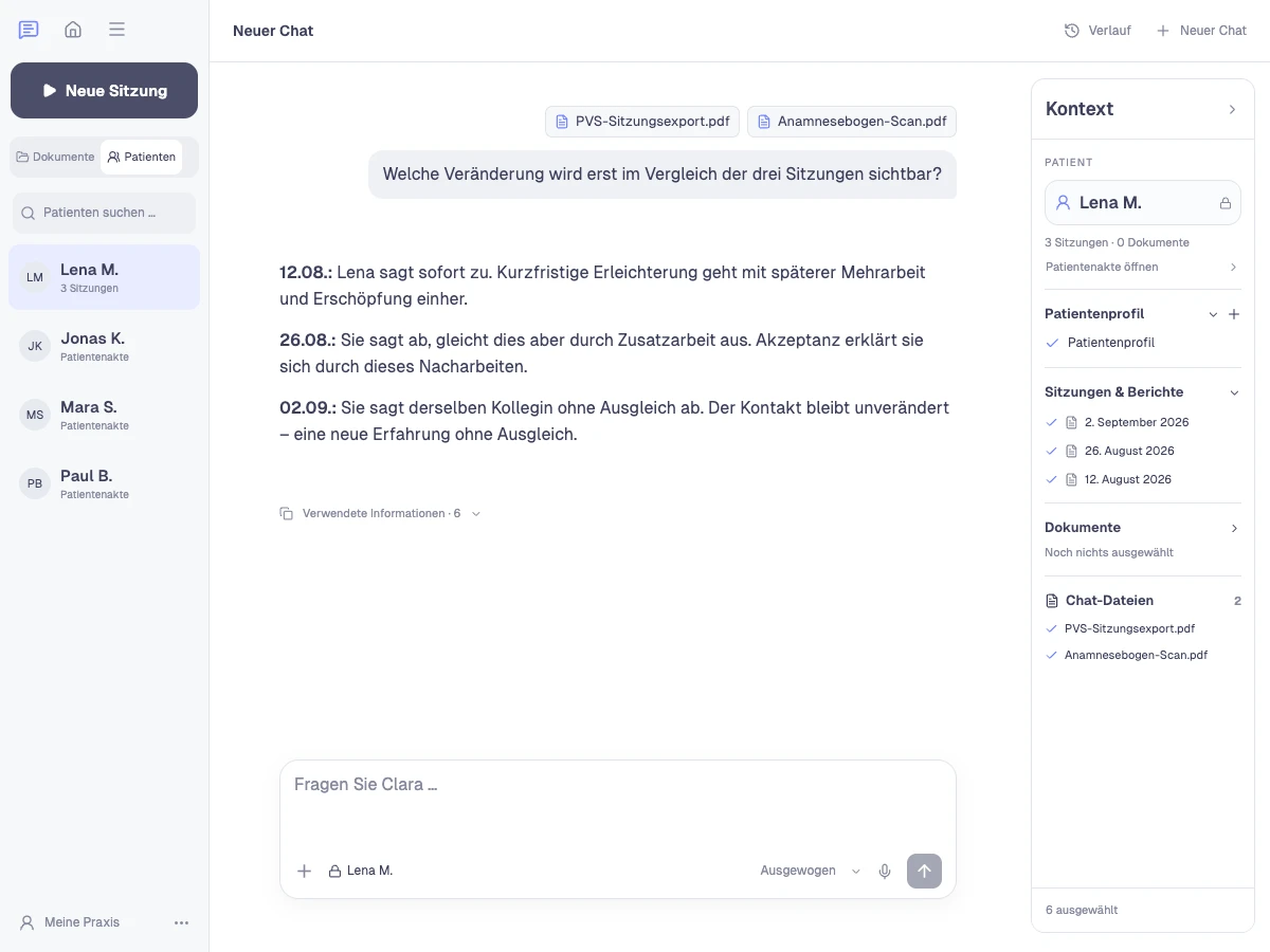 Clara Analyse-Assistent: Den Verlauf zusammenführen. Patientenliste, Dialog und ausgewählte Unterlagen in der App.