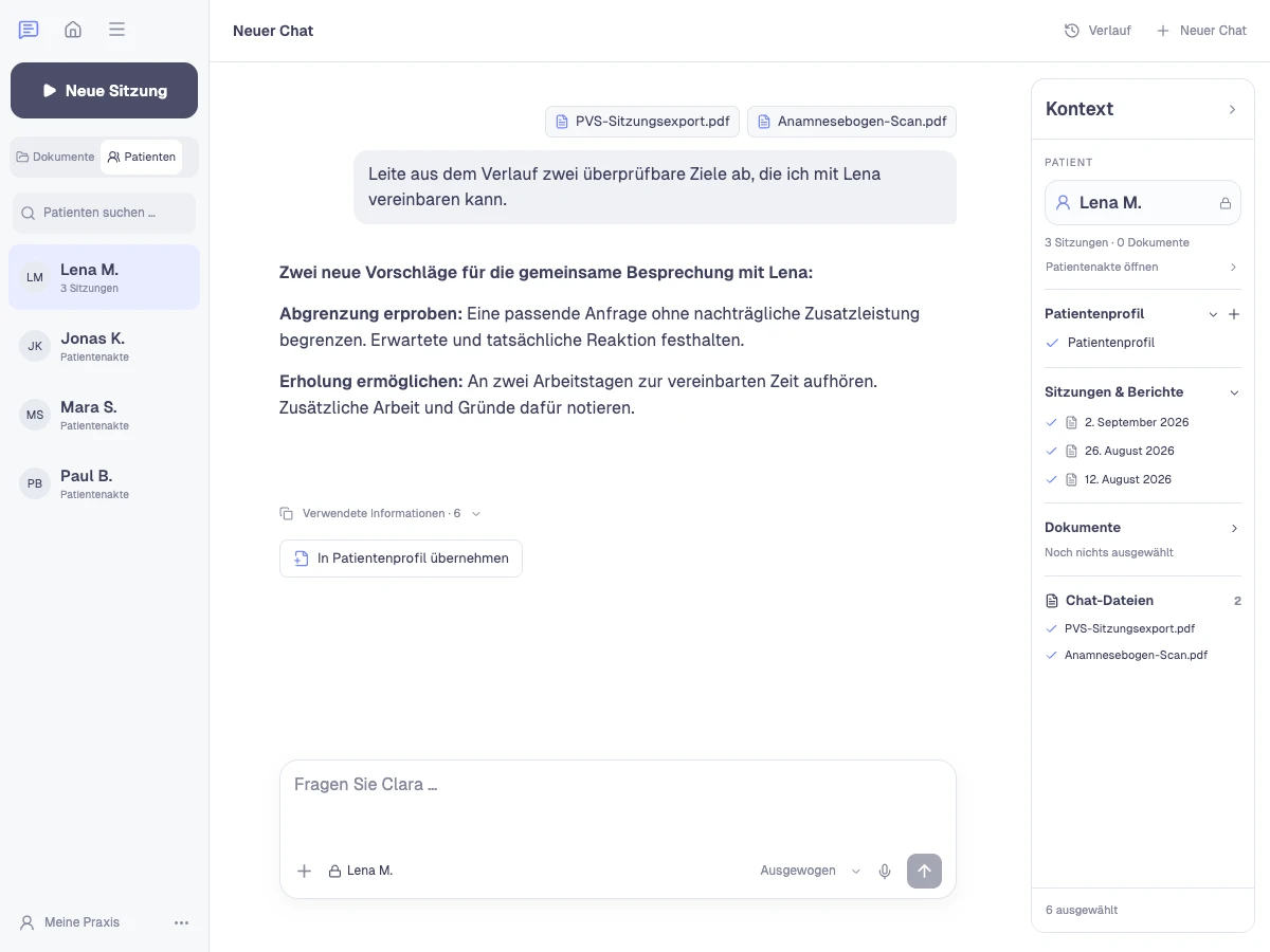 Clara Analyse-Assistent: Therapieziele gemeinsam konkretisieren. Patientenliste, Dialog und ausgewählte Unterlagen in der App.