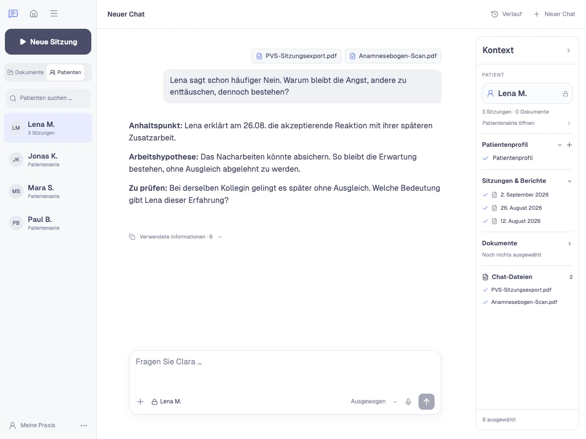 Clara Analyse-Assistent: Eigene Überlegungen im Dialog vertiefen. Patientenliste, Dialog und ausgewählte Unterlagen in der App.