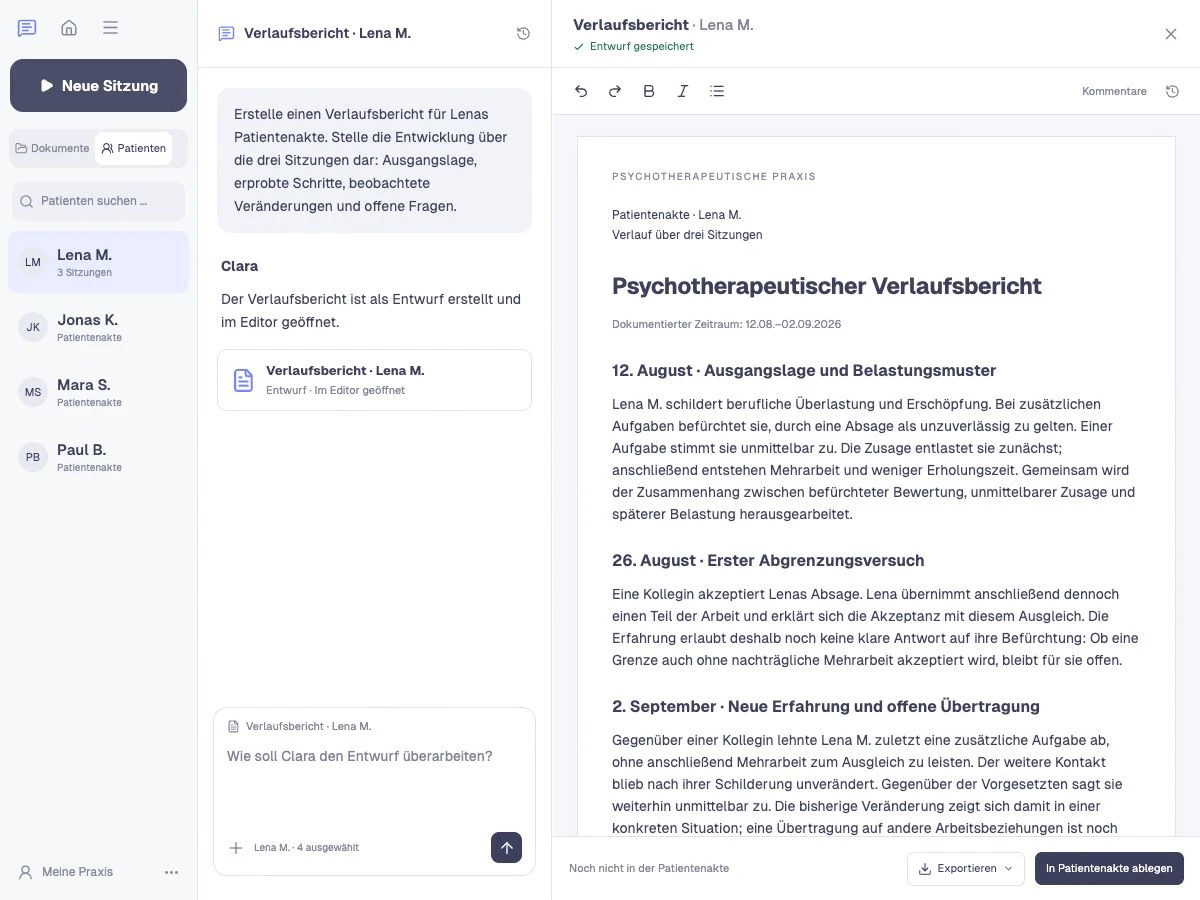 Clara zeigt einen Verlaufsbericht für die Patientenakte neben dem Chat.