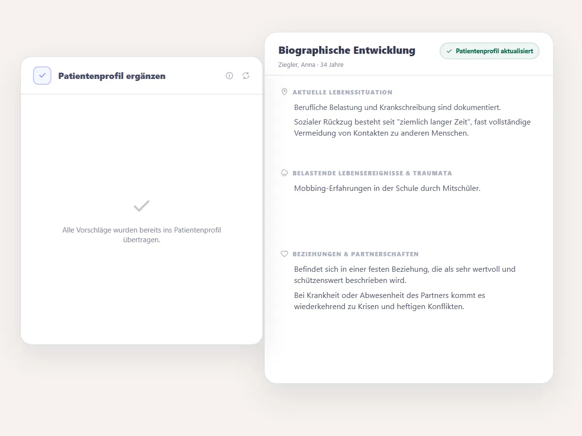 Clara zeigt erkannte Angaben aus der Sitzungsdokumentation vor der Übernahme in das Patientenprofil